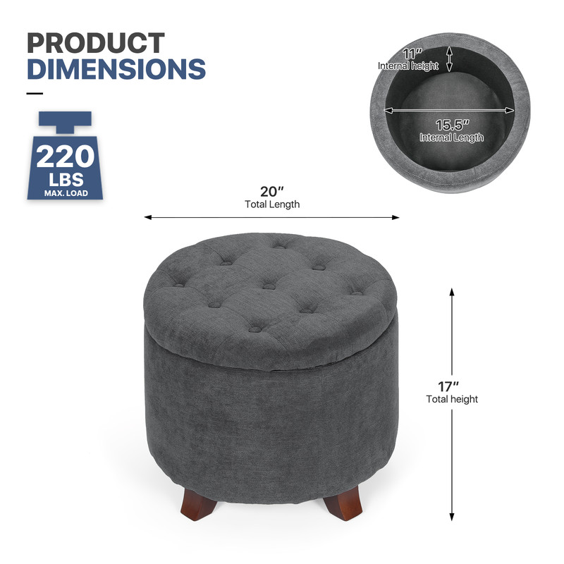 [OPEN BOX] 17" Round Storage Ottoman Tufted Footstool w/Removable Lid&Wood Legs gallery
