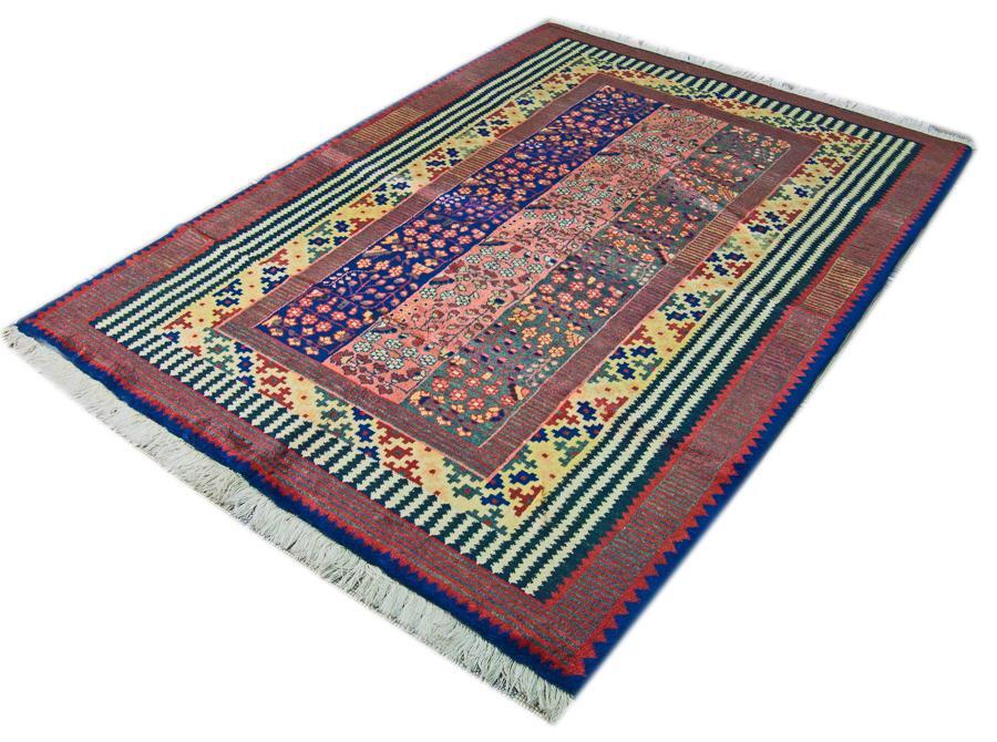 Bordered Geometric Floral Turkish 4' 9" x 6' 7" Pink Hand Knotted Area rug