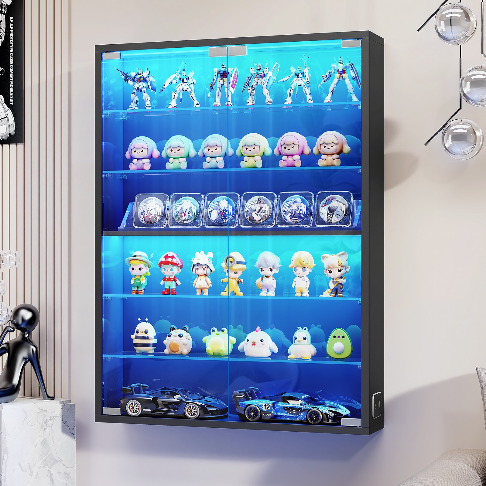 6-Tier Wall-Mounted Display Cabinet LED Lighted Case w/ Adjustable Glass Shelves gallery