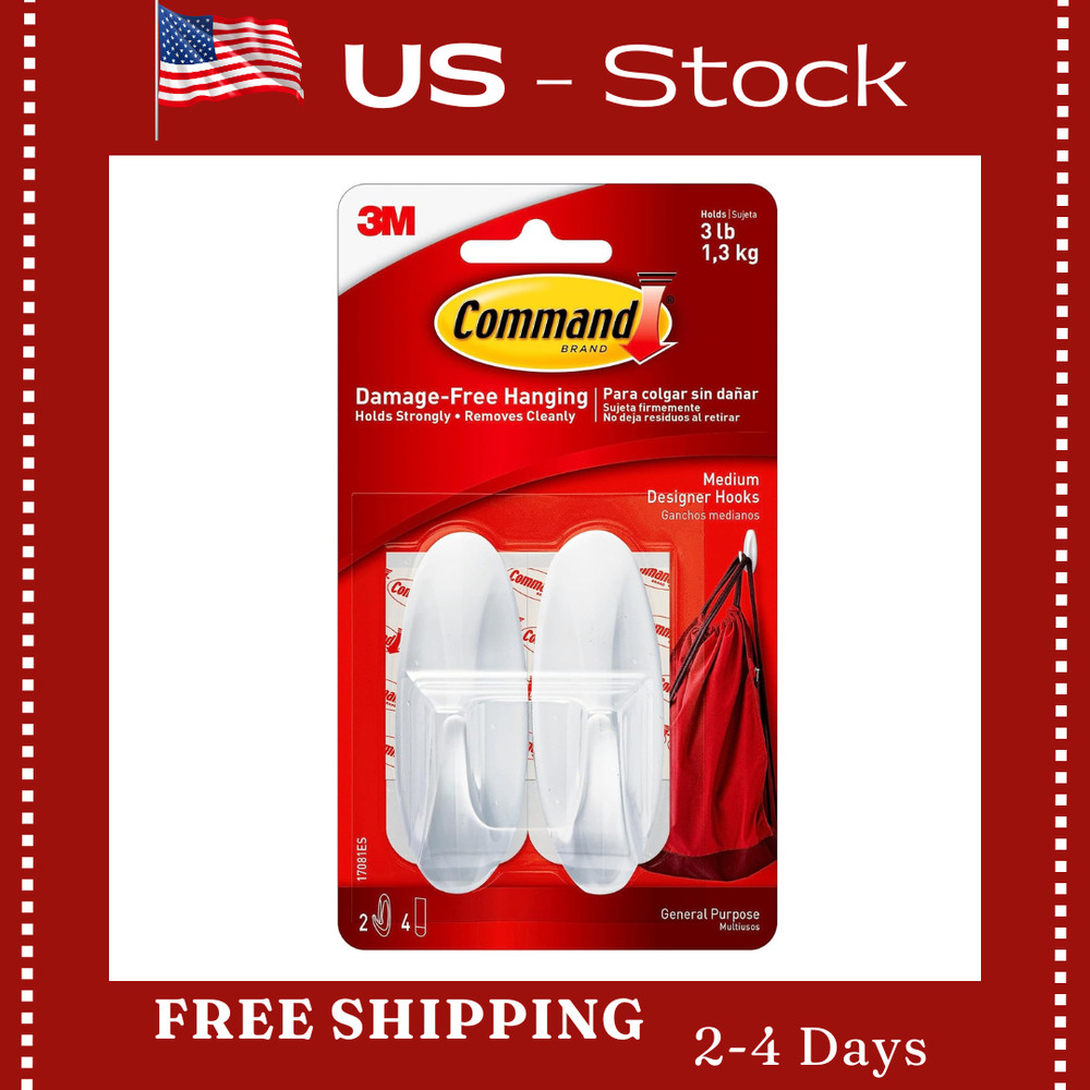 Command Medium Designer Hooks, 2 Hooks and 4 Command Strips, Damage-Free - 3 lb