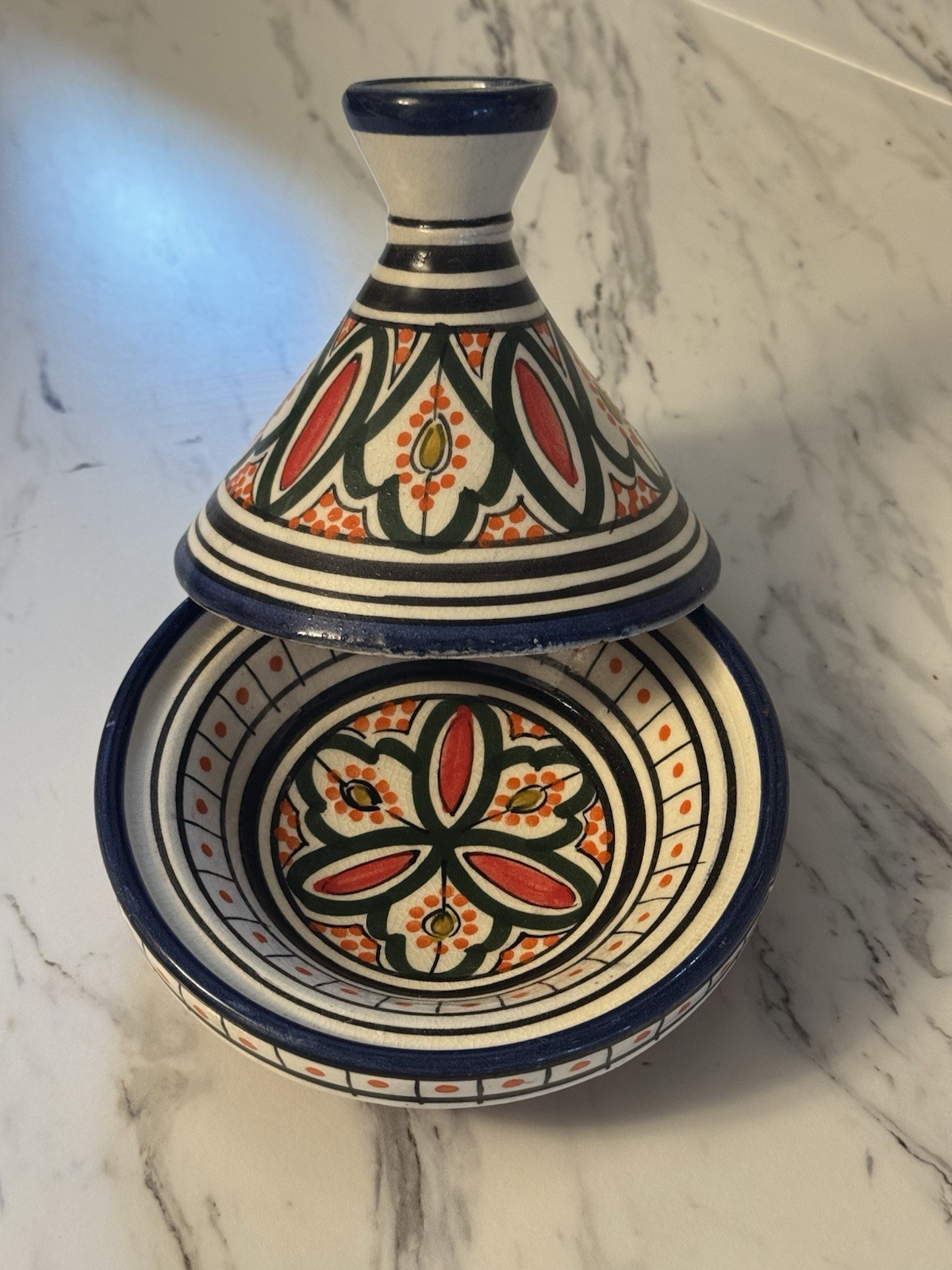 Vintage Tagine 6 In. Hand Painted Moroccan Blue White Red Ceramic gallery