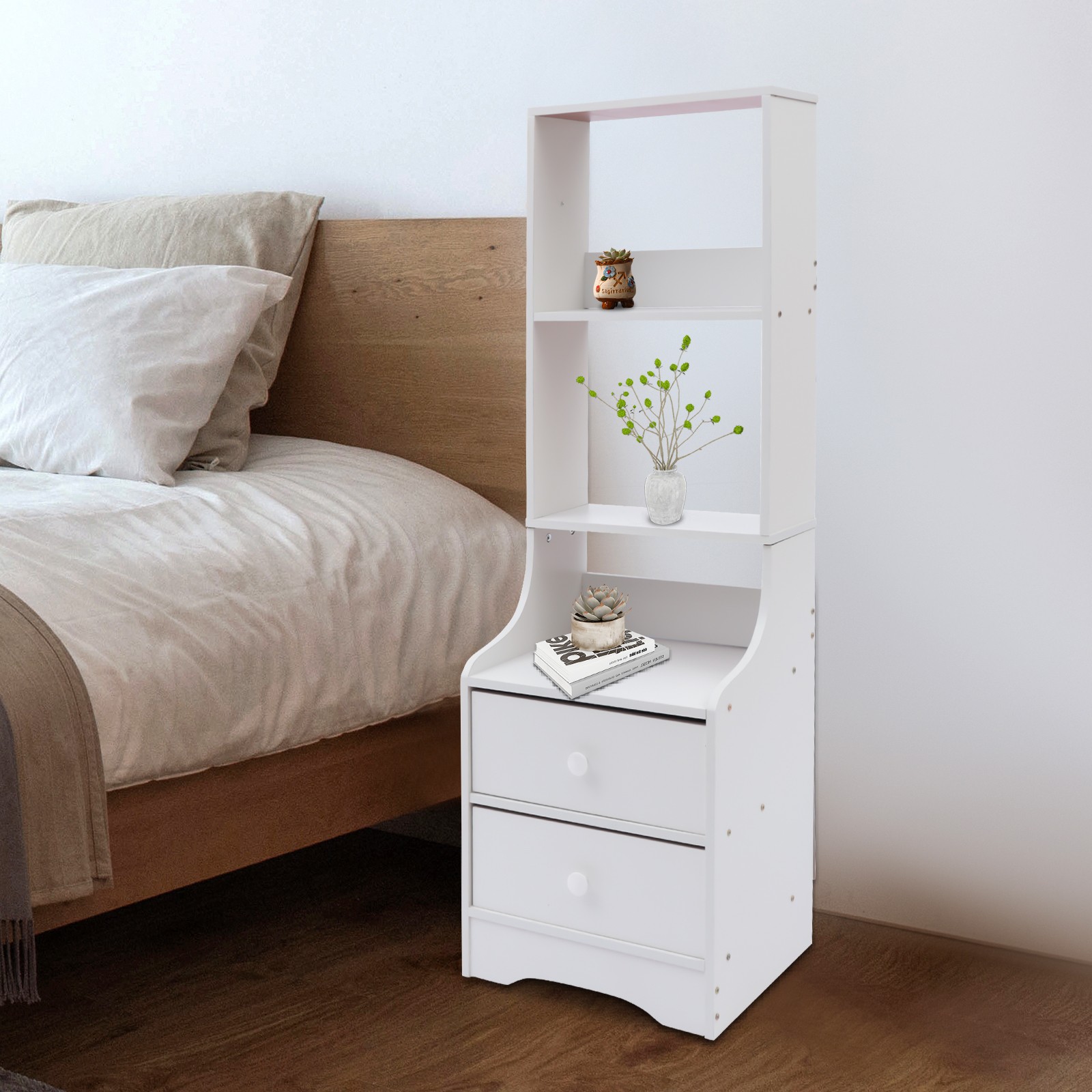 Modern White Nightstand Tall Bed End Table Bedroom Bedside Table with 2 Drawers gallery