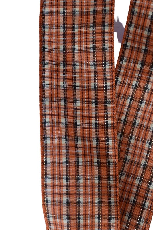 Large 10" Hand Made Bow - Wired Linen - Orange Rust Fall Plaid - Fabric Ribbon gallery