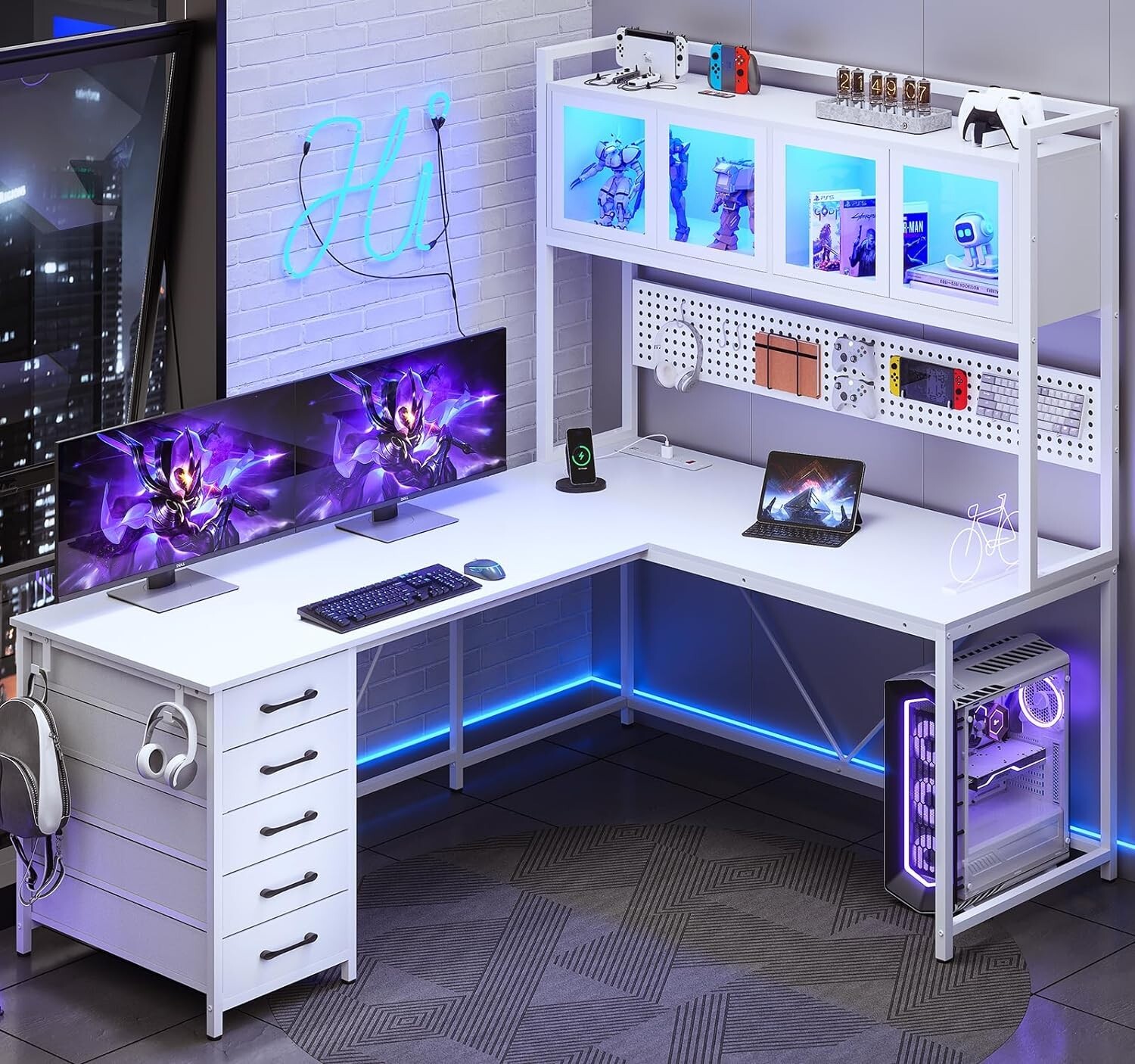 L Shaped Gaming Desk with Led Lights & Power Outlet, Home Office Desk with Hutch gallery