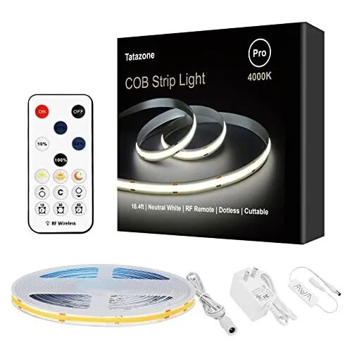 White Cob Led Strip Lights With Rf Remote 16.4ft 4000k Dimmable Bright Neutral W