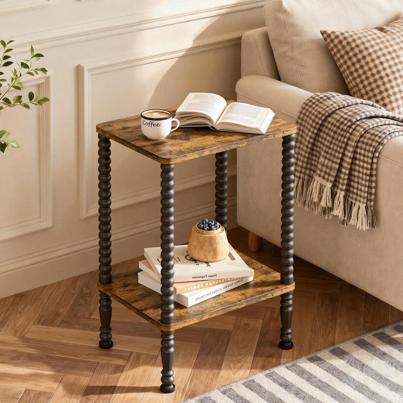 Side Table Small End Table 2Tier Nightstand Storage Shelves Rustic Brown Black gallery