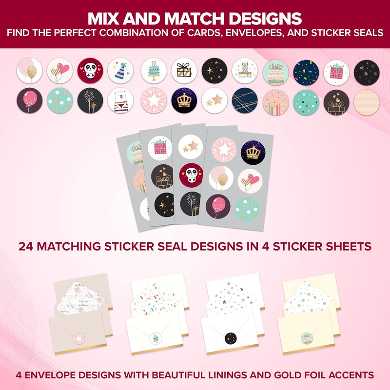 24 Pack Foil and Glittery 6x4in Assorted Birthday Cards with Envelopes and Stick gallery