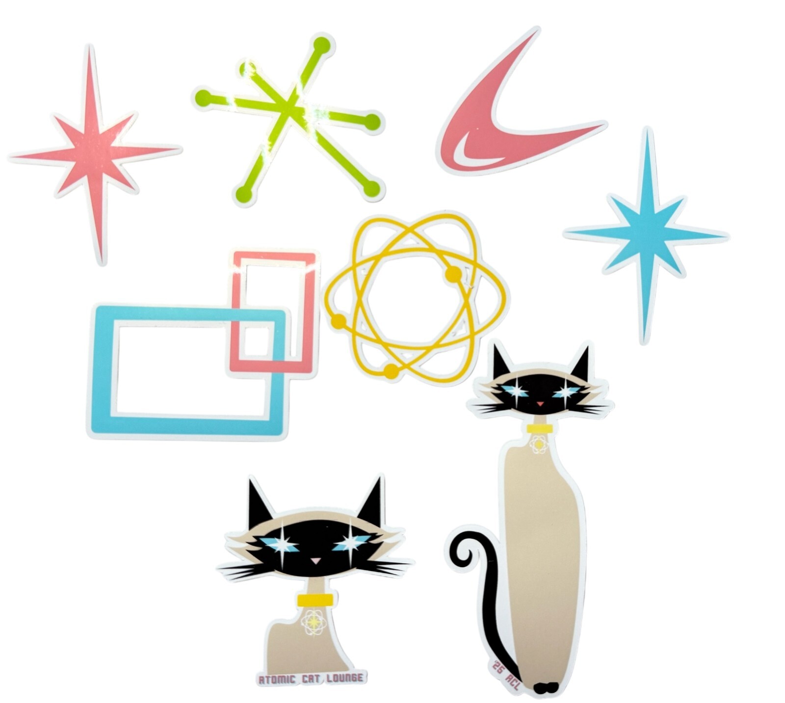 Set 8 Atomic Mid Century Symbol Vinyl Stickers Starburst Atom Siamese Cat gallery