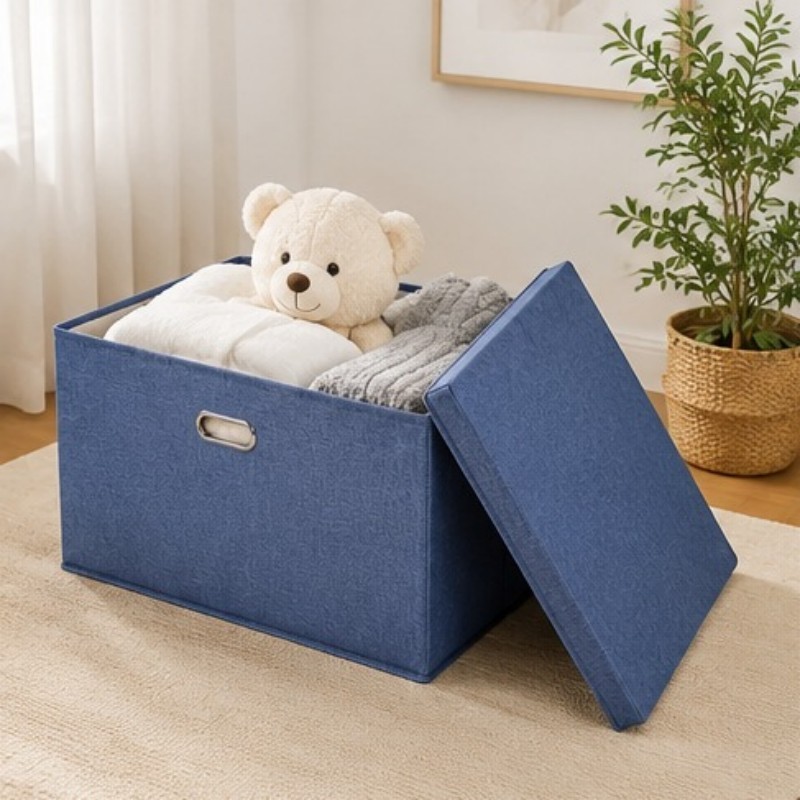 Large Foldable Storage Box with Lid Linen Fabric Closet Organizer Bin Blue 23 in gallery