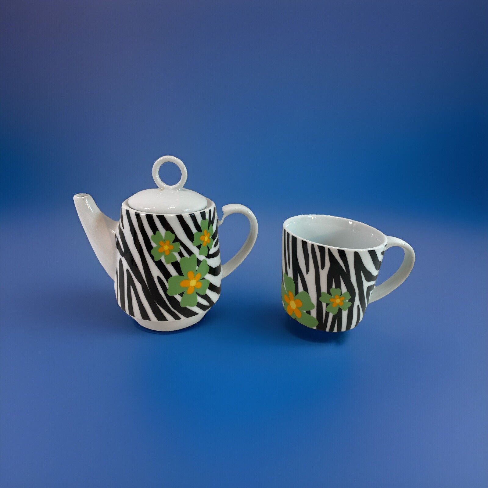 TEA FOR ONE Cute Ceramic Teapot & Cup Zebra Stripe and Flowers gallery