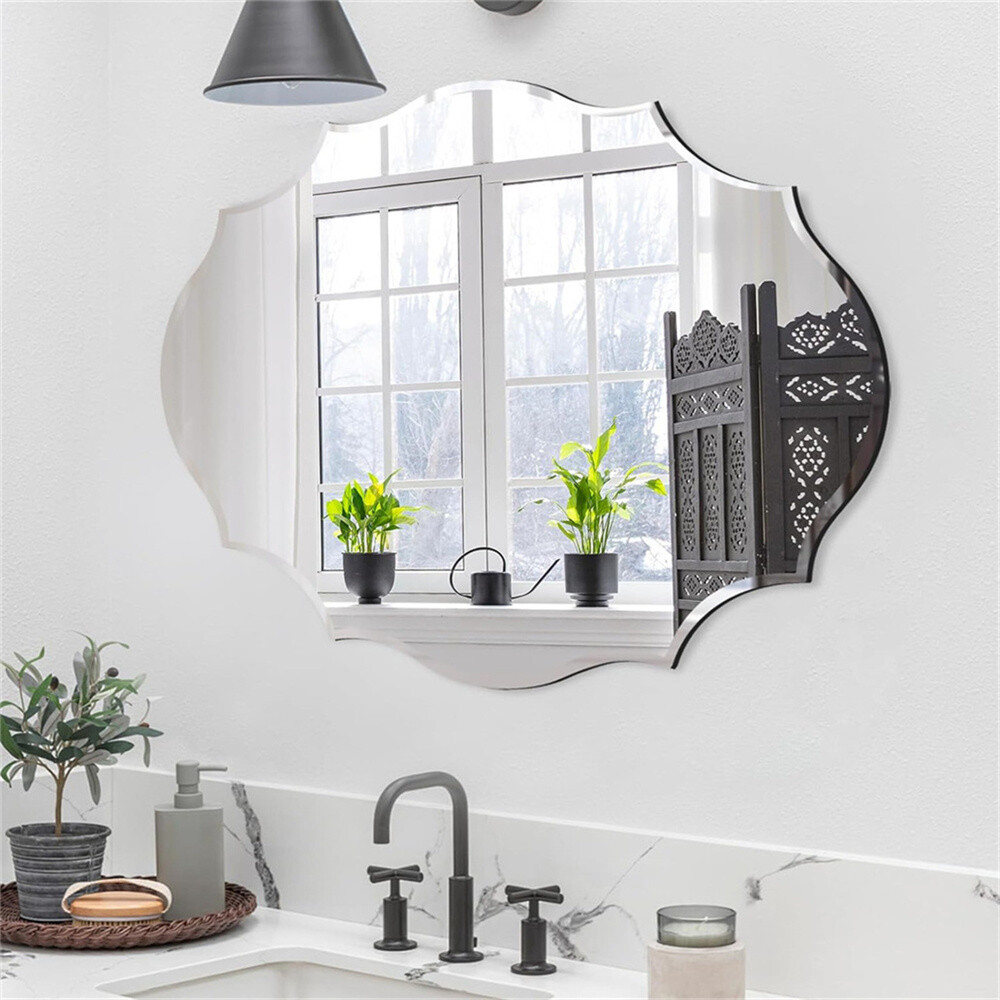 Scalloped Edged Oval Wall Mirror Frameless Wide Beveled Statement Accent Decor gallery