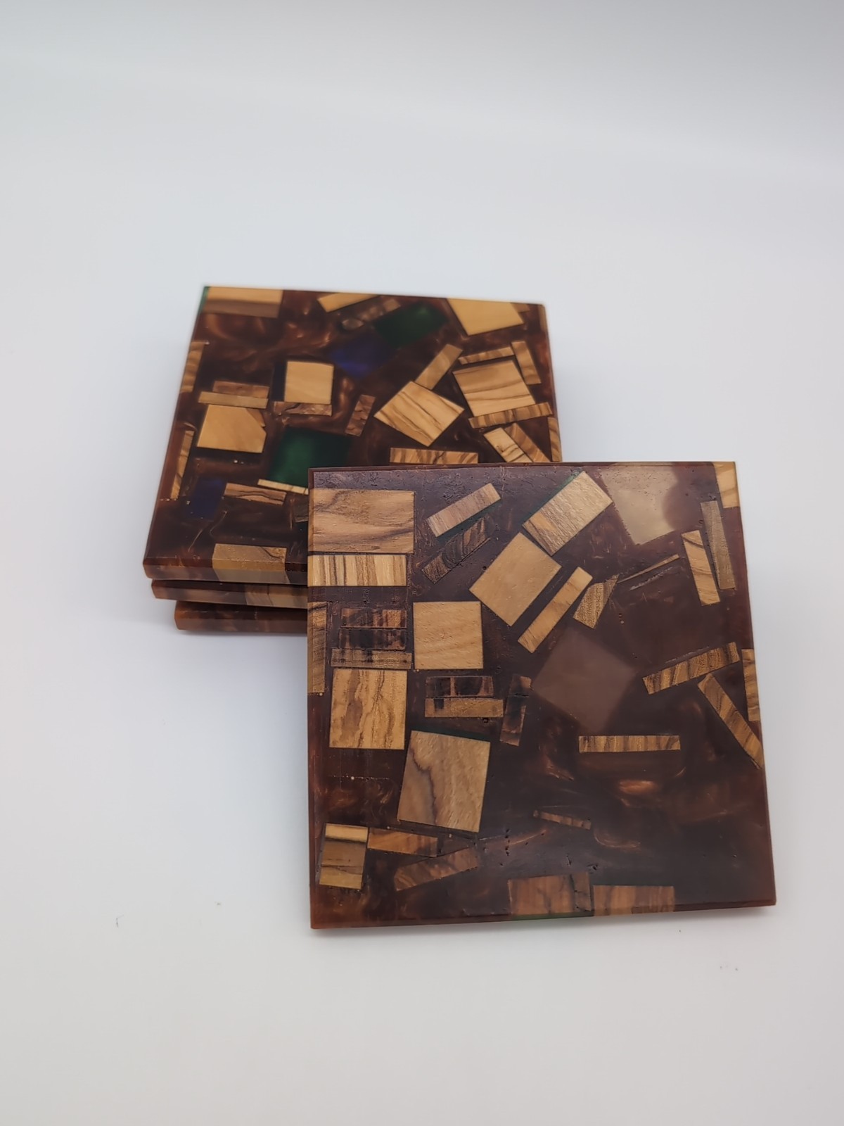 Wood Drink Coasters LOT 4, Modern RUSTIC Living Room Decor, OLIVE WOOD & RESIN gallery