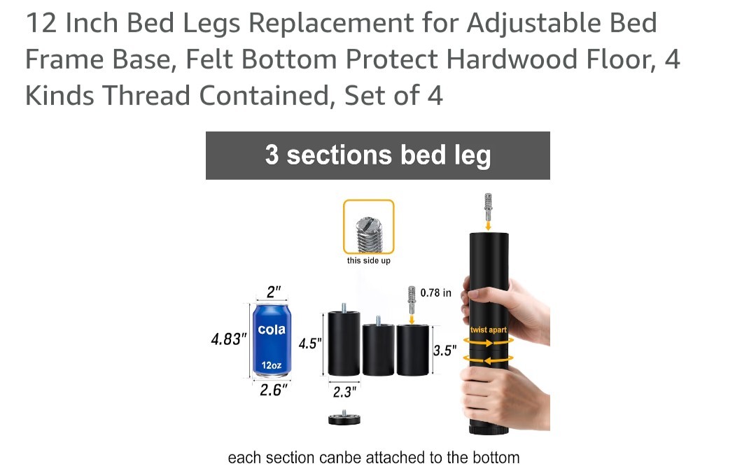 12 Inch Bed Legs Replacement for Adjustable Bed Base Frame, 3 in 1 Screw in L gallery