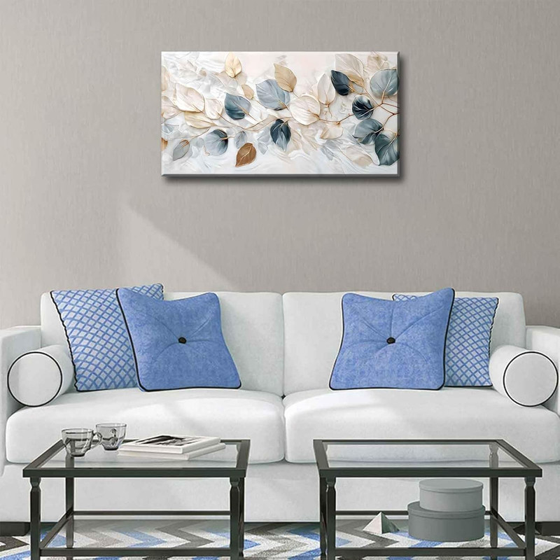 Large Living Eucalyptus Leaf Canvas Wall Art Teal White Botanical Abstract Decor gallery