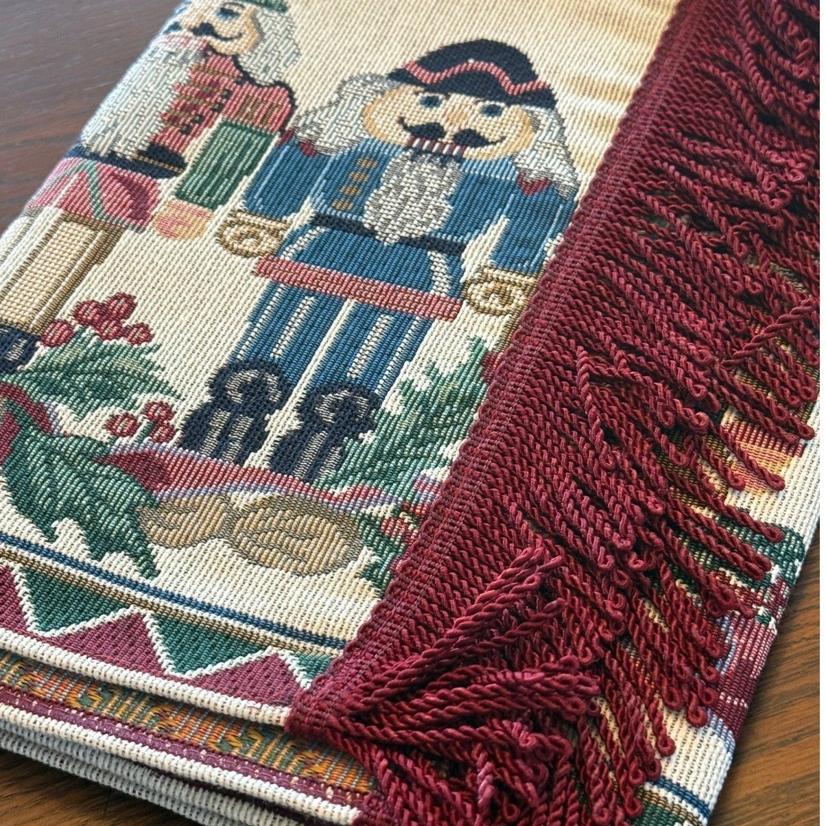 Christmas Table Runner 70x12.5 Nutcracker Woven Tapestry Red Fringe Holiday EUC gallery