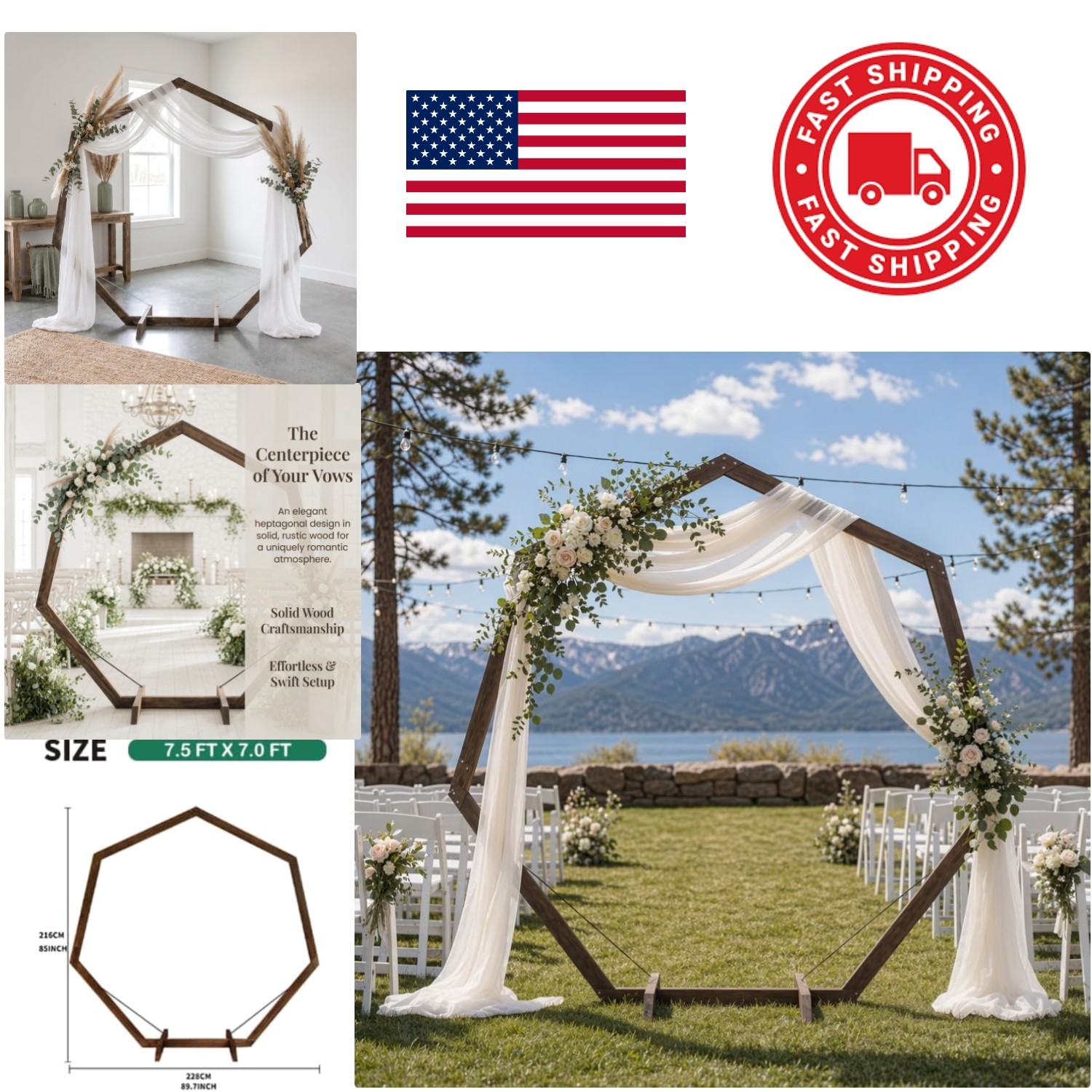 7ft Rustic Wedding Arch Wooden Heptagon with Simple Assembly Instructions gallery