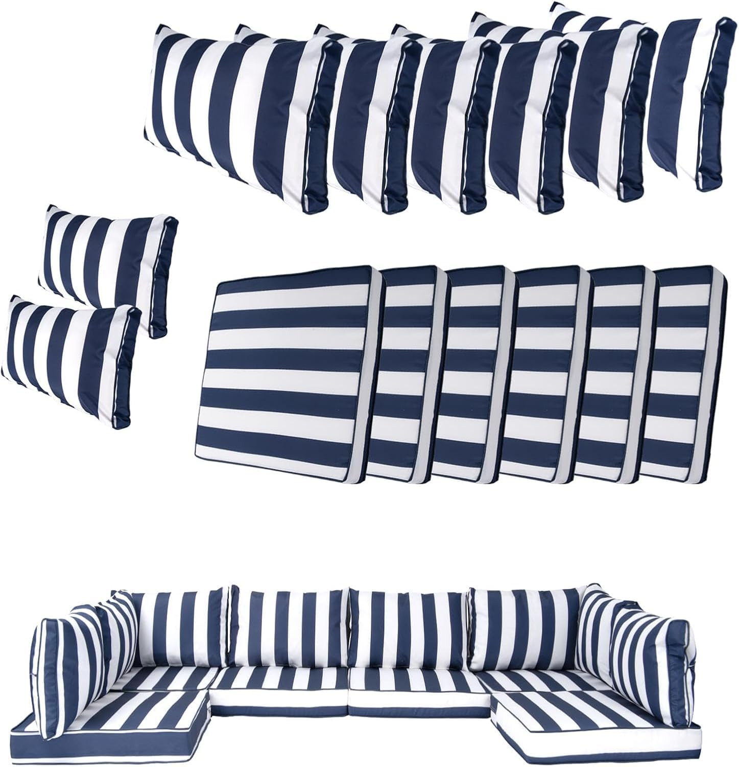 14-Piece Waterproof Patio Cushion Covers Set for 6-Seat Wicker Sofa, Blue Stripe gallery