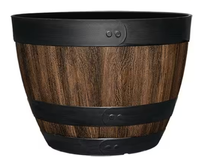 Resin Wine Barrel Planter Large Walnut Brown Plant Pot Indoor Outdoor Garden Pot gallery