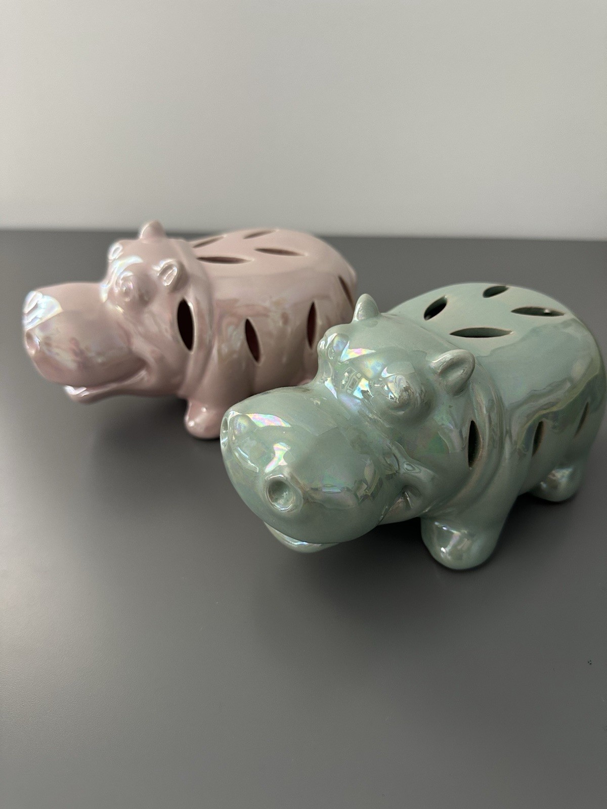 Set Of 2 Ceramic Hippo Statue For Potpourri House Hippo Iridescent Pink & Blue gallery