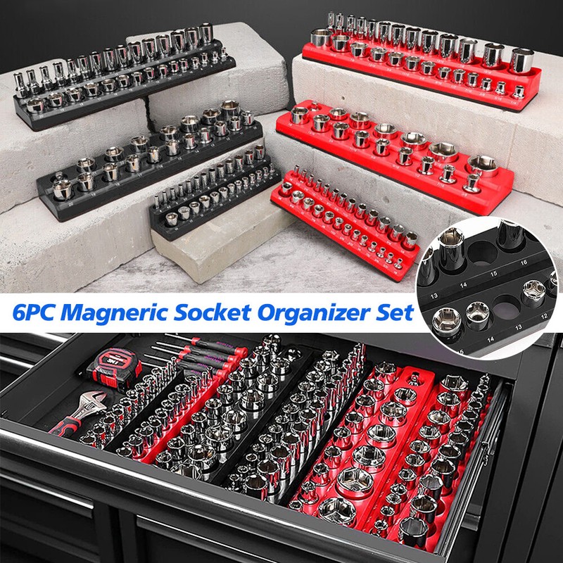 6-PACK Set Magnetic Socket Organizer Holder 1/4'' 3/8'' 1/2'' Drive SAE Metric gallery