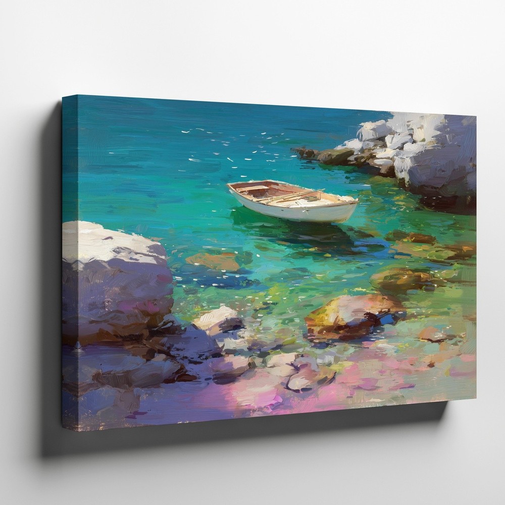 Coastal Canvas Wall Art Featuring Small Boat Floating on Clear Rocky Waters