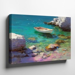 Coastal Canvas Wall Art Featuring Small Boat Floating on Clear Rocky Waters