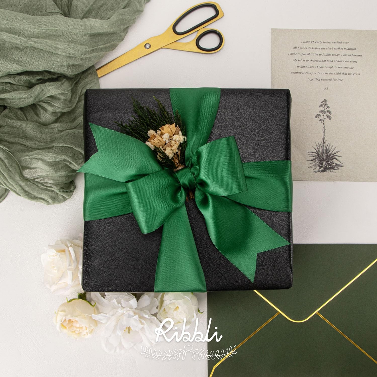Ribbli Forest Green Double Faced Satin Ribbon, 2” x 2 inch, gallery