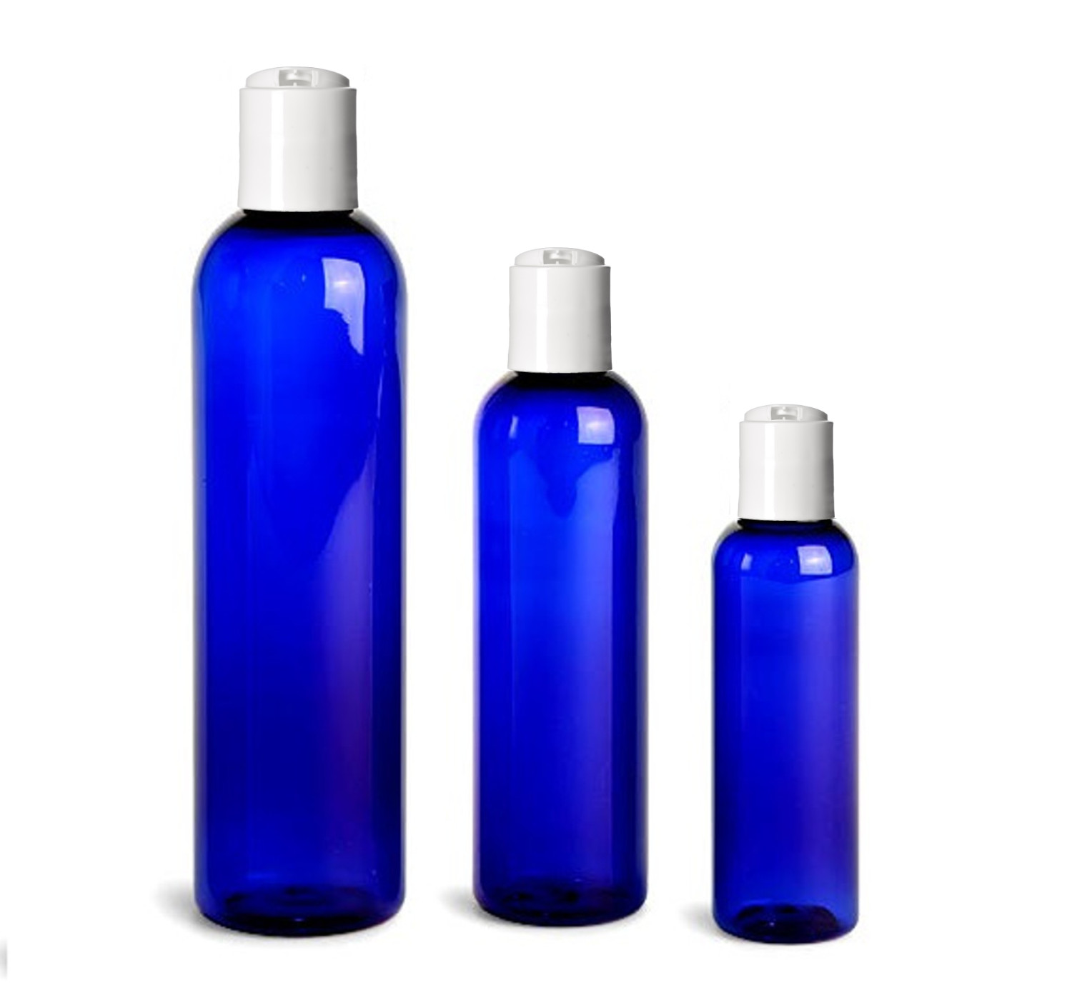 Blue Cosmo Round PET Plastic Bottles Empty With White Disc Cap Lids & Liners gallery