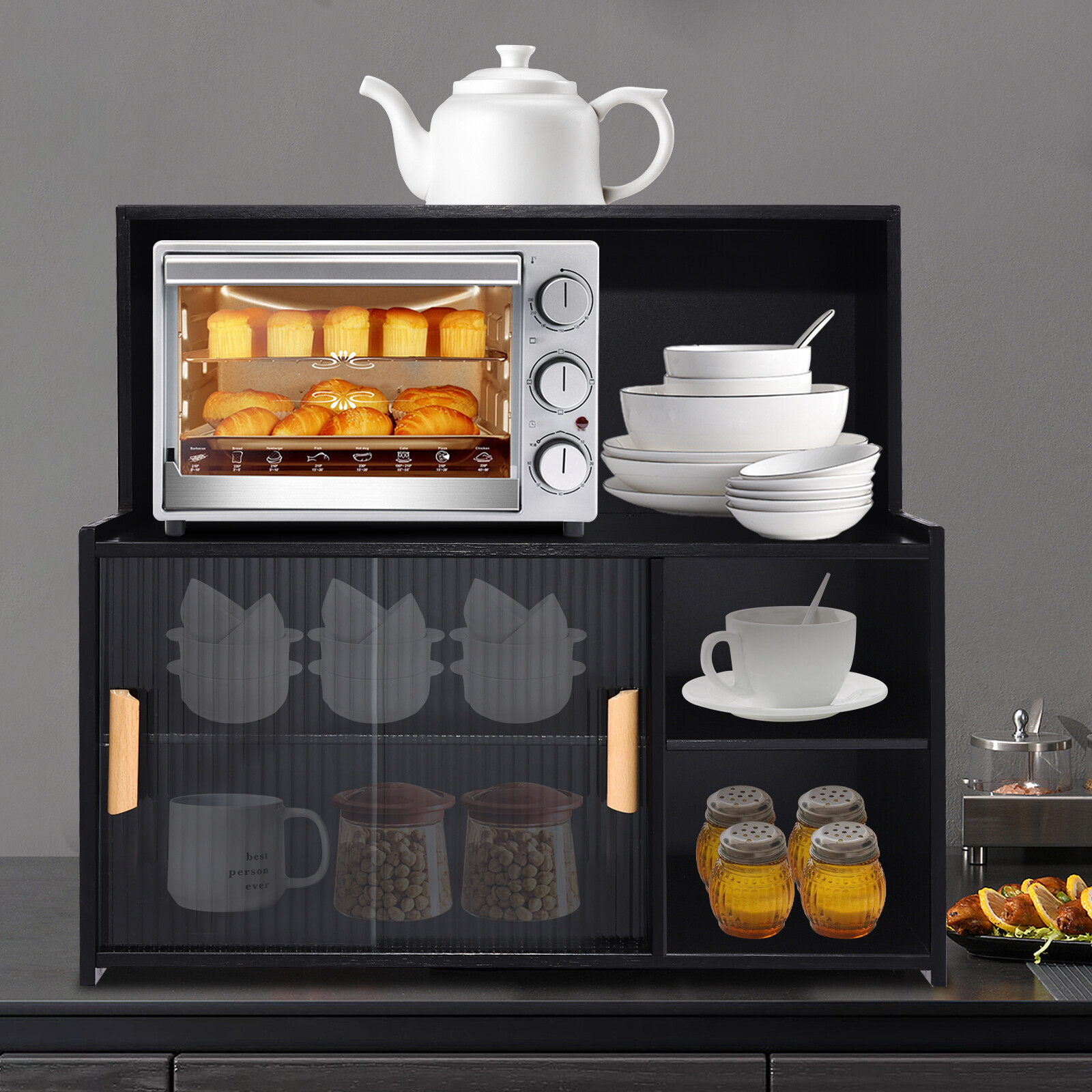 Kitchen Pantry Hutch Storage Black Freestanding Countertop Storage Cabinet 11kg gallery