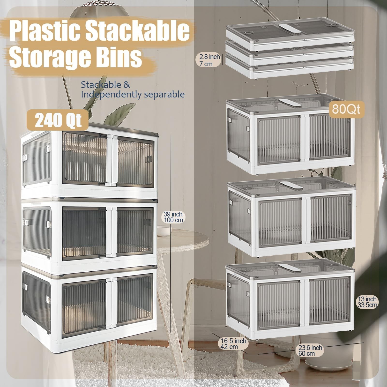 Stackable Storage Bins with Doors - 3 Tier 80Qt Each Plastic Collapsible Stor... gallery