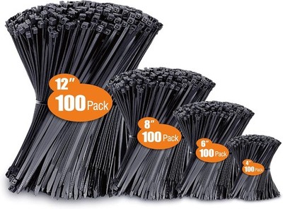 Zip Ties Assorted Sizes 4"+6"+8"+12" 400 Pack Black gallery