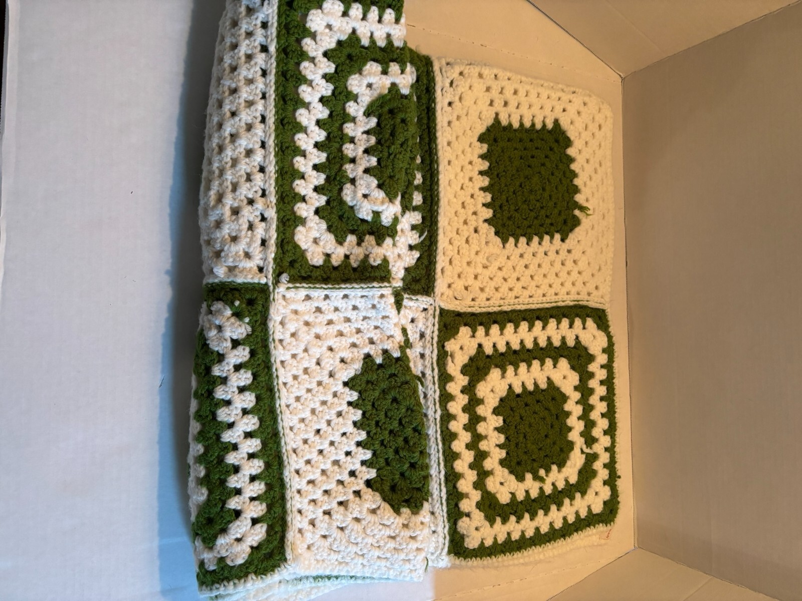 Hand Made Crocheted Throw Blanket Green and White Squares 39inches X 53inches gallery