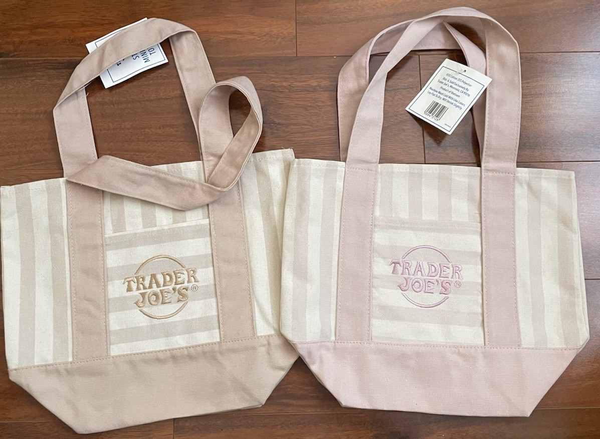 NWT Trader Joe’s Mini Stripe Canvas Tote Bag Pink Beige LE Set Of 2 ✅✅ gallery
