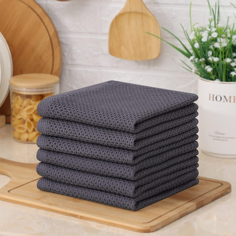 6 Pack Cotton Kitchen Dish Cloths Waffle Weave Absorbent Towels 12x12 Gray gallery
