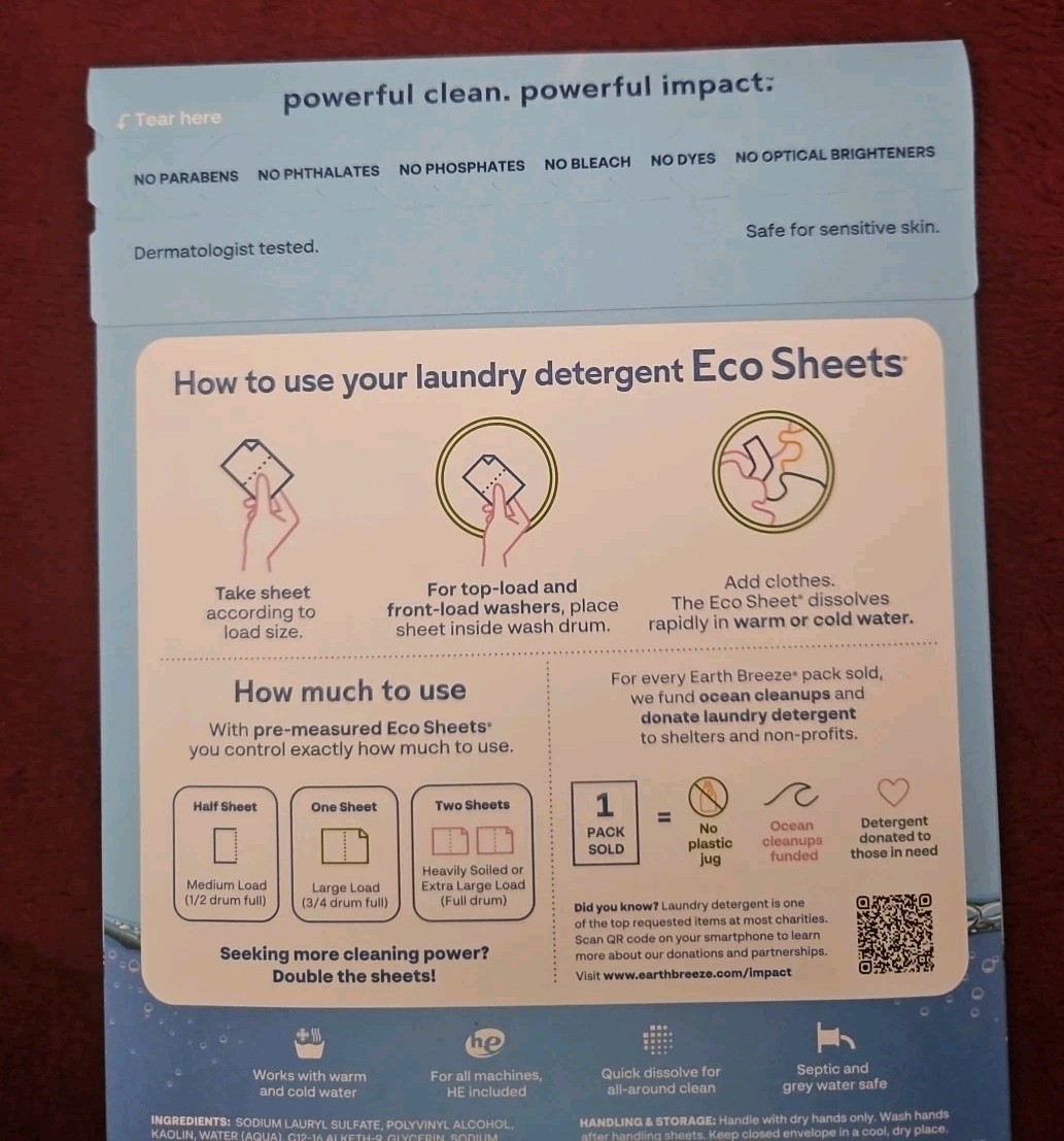EARTH BREEZE LAUNDRY~10 Pack DETERGENT SHEETS• FRAGRANCE FREE•14 Sheets 28 Load gallery