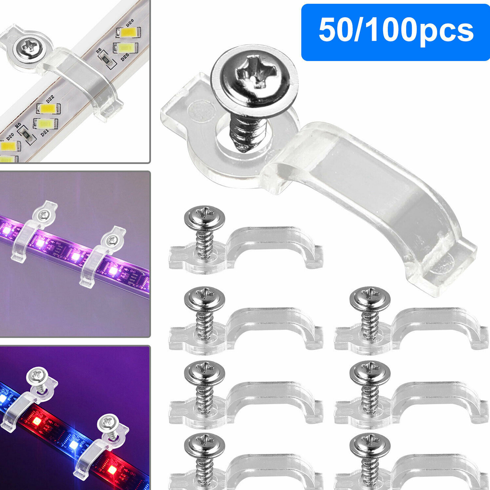 100Pcs/Set Mounting Bracket Clip Fastener For Fixing 5050 RGB LED Strip Light US gallery