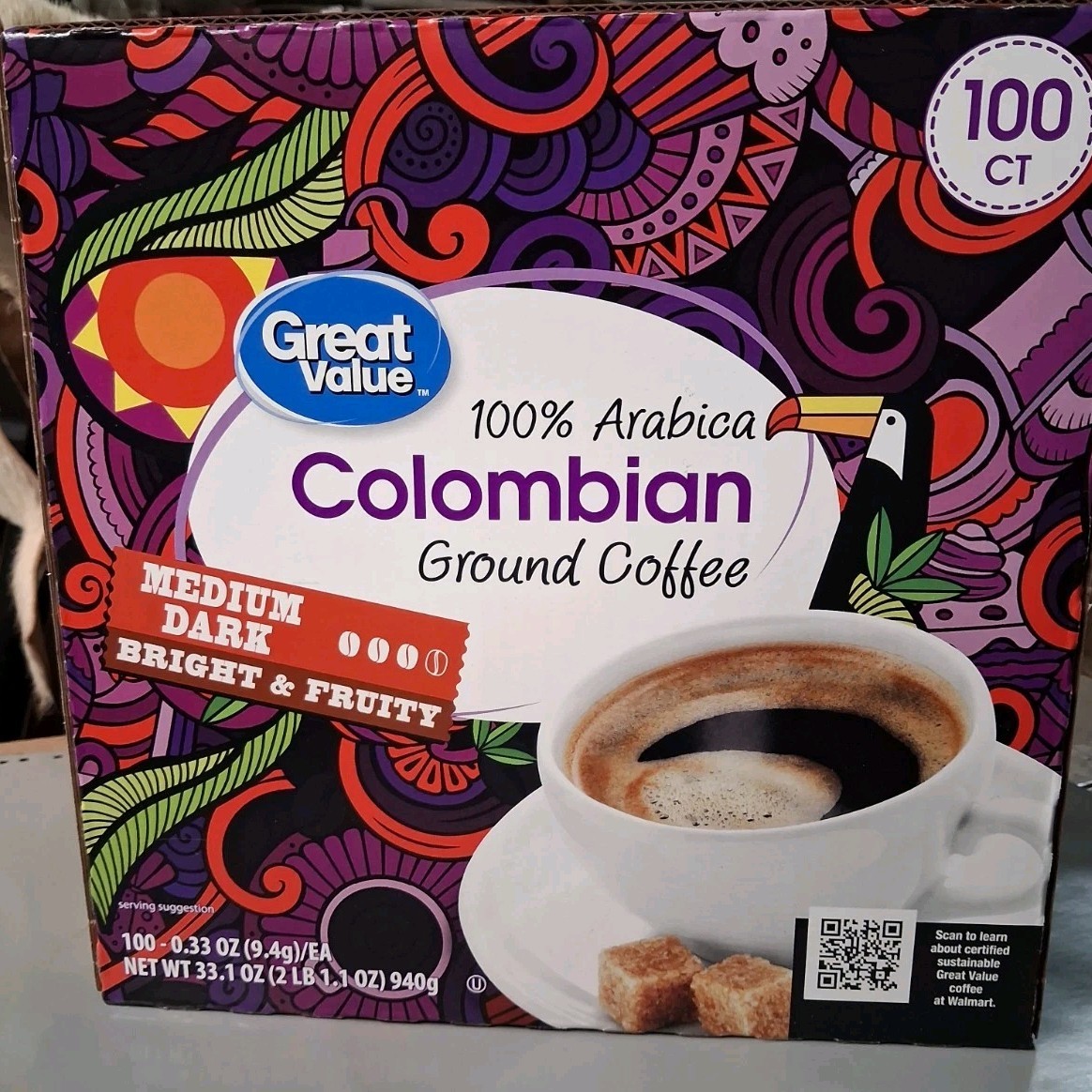 Great Value 100% Colombian Medium Dark Roast Ground Coffee Pods, 33.1 oz, 100 Ct gallery