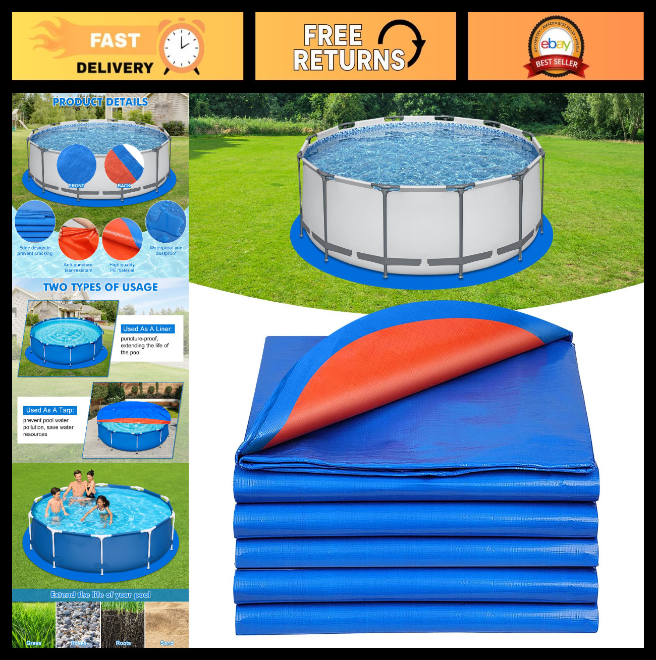 18ft Round Pool Liner Pad - Thick PE Under Pool Mat, Dual-Color Ground Cloth, Pu gallery