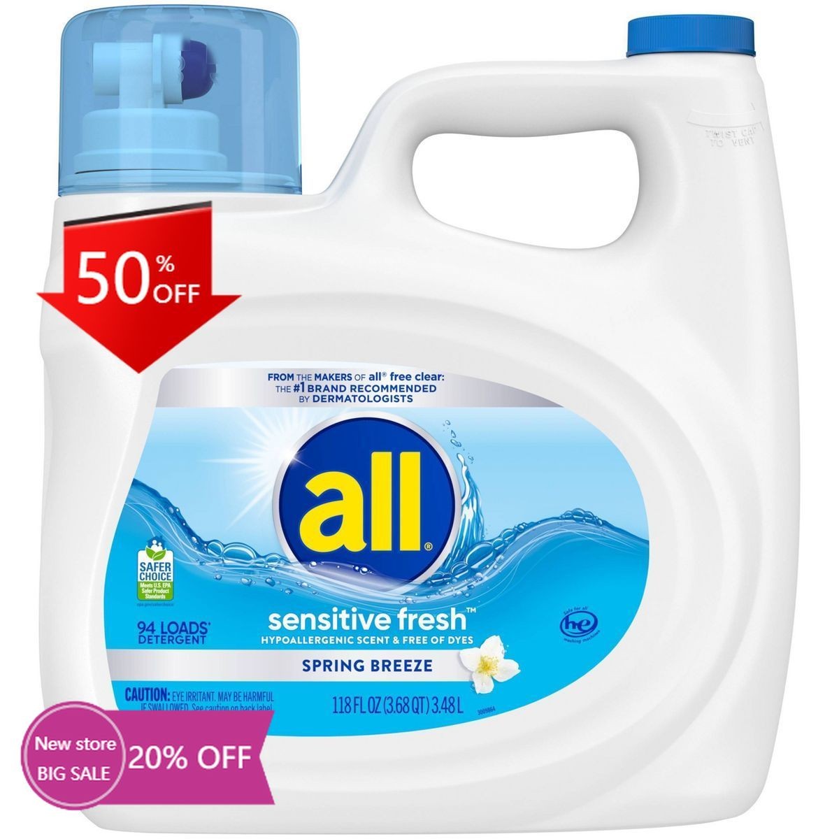 All Sensitive Fresh Spring Breeze HE Liquid Laundry Detergent- 118 fl oz gallery