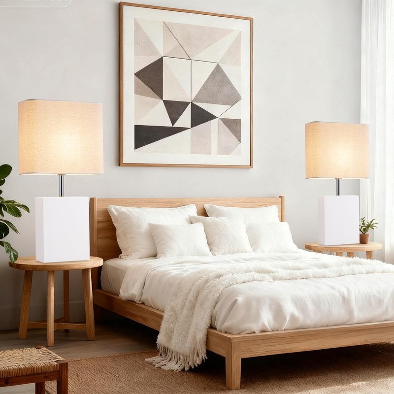 23" Wood Modern Bedside Table Lamps Set of 2 Cream Color For Living Room Bedroom gallery