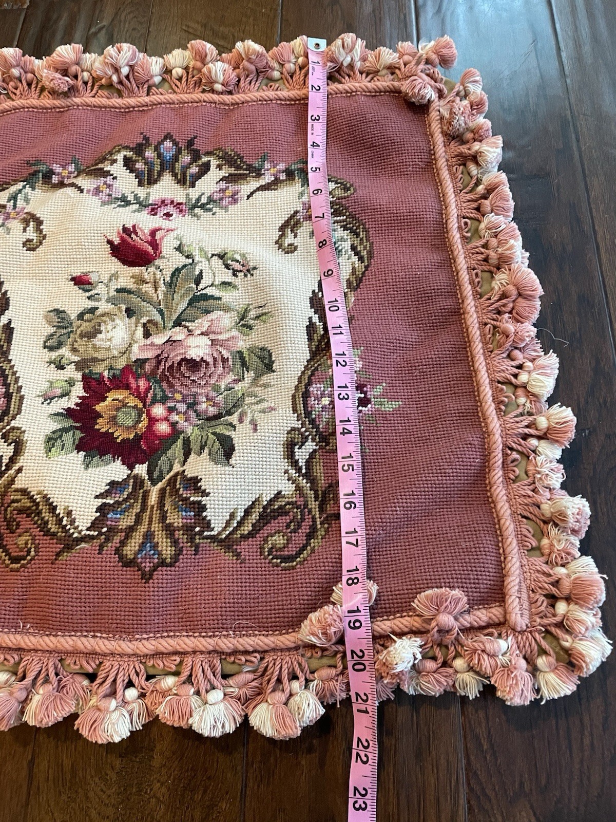 Beautiful Wool Petit Point Needlepoint Floral Tasseled Velvet Throw Pillow Cover gallery