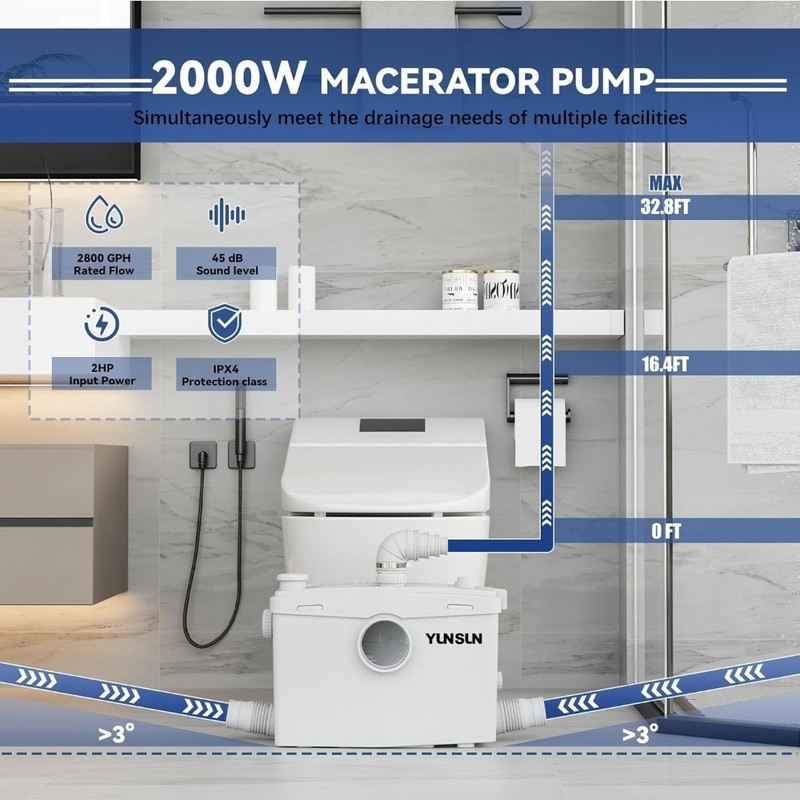 YUNSUN 2000W Macerator Pump, 2800GPH Macerator Pump with Automatic Drain & Delay gallery