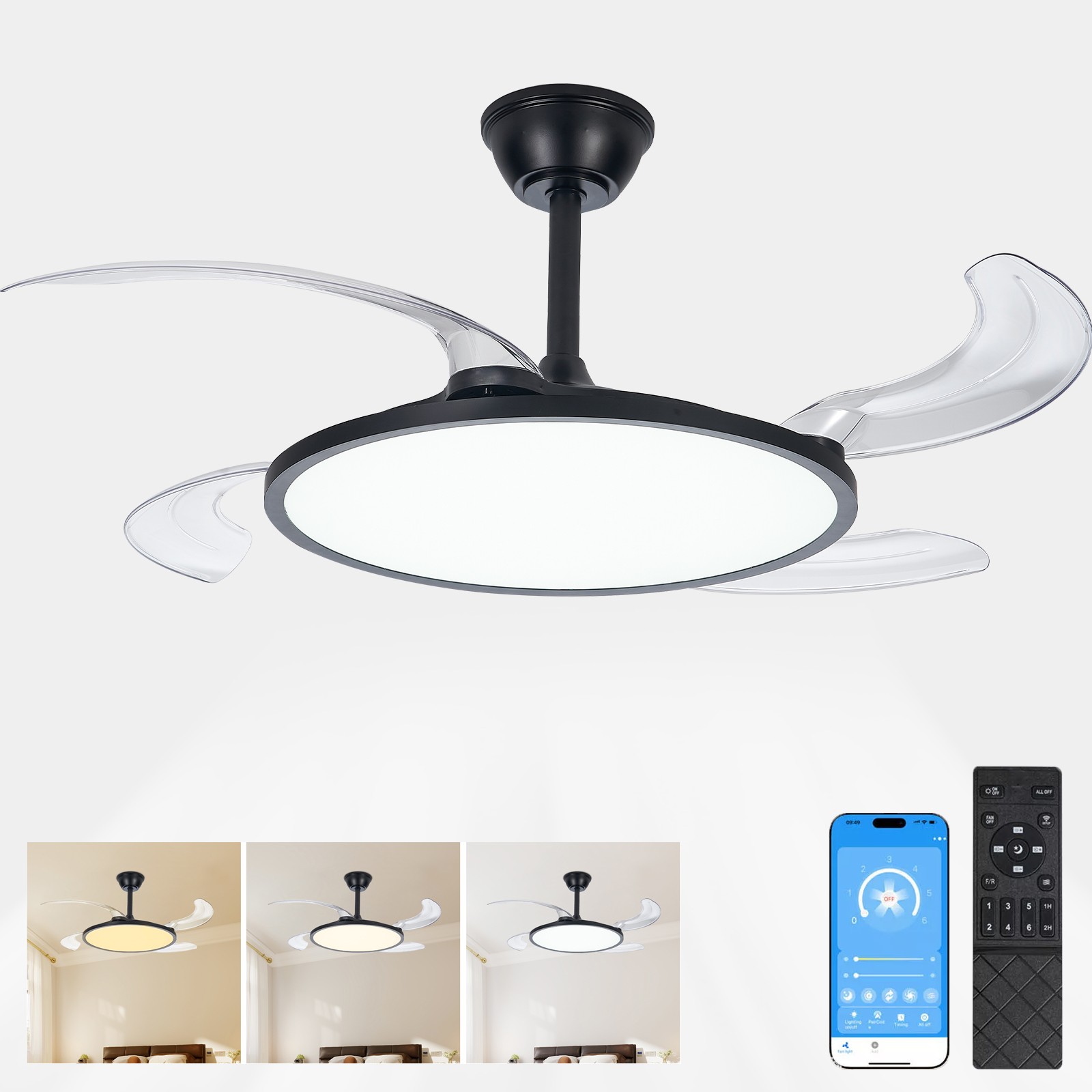 42'' Ceiling Fan with Light Black Low Profile Retractable Remote & APP Control gallery