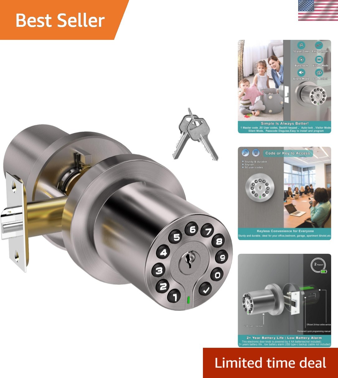 Elegant Keypad Door Knob with Key, Keyless Entry, 50 User Codes, Satin Nickel gallery
