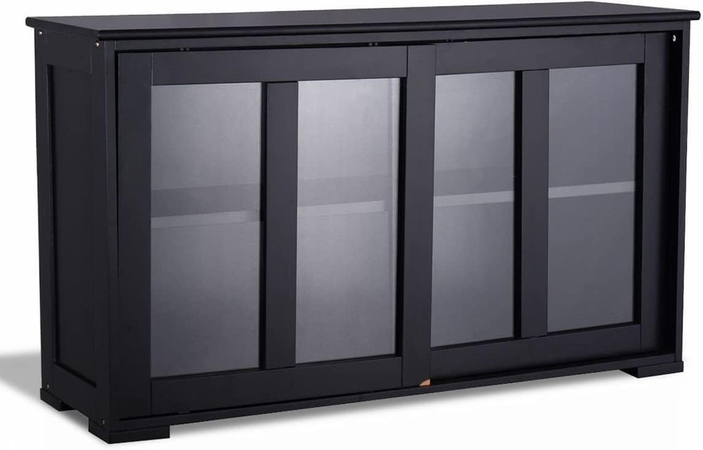 Elegant Black Stackable Storage Cabinet with Adjustable Shelves & Glass Doors