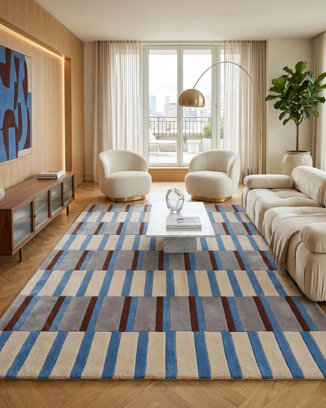 Hand Tufted Wool Rug, Scandinavian Geometric Bauhaus Design, Blue Beige Carpet gallery