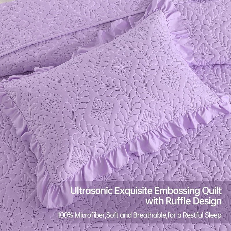 Quilt Set Bedspread Bedding Set, Purple Ruffled Lightweight Queen Lavender gallery