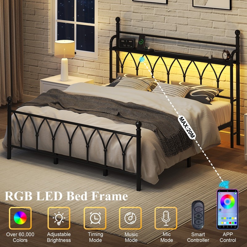 Queen Metal Bed Frame with Charging Station, Headboard storage space,LED Lights. gallery
