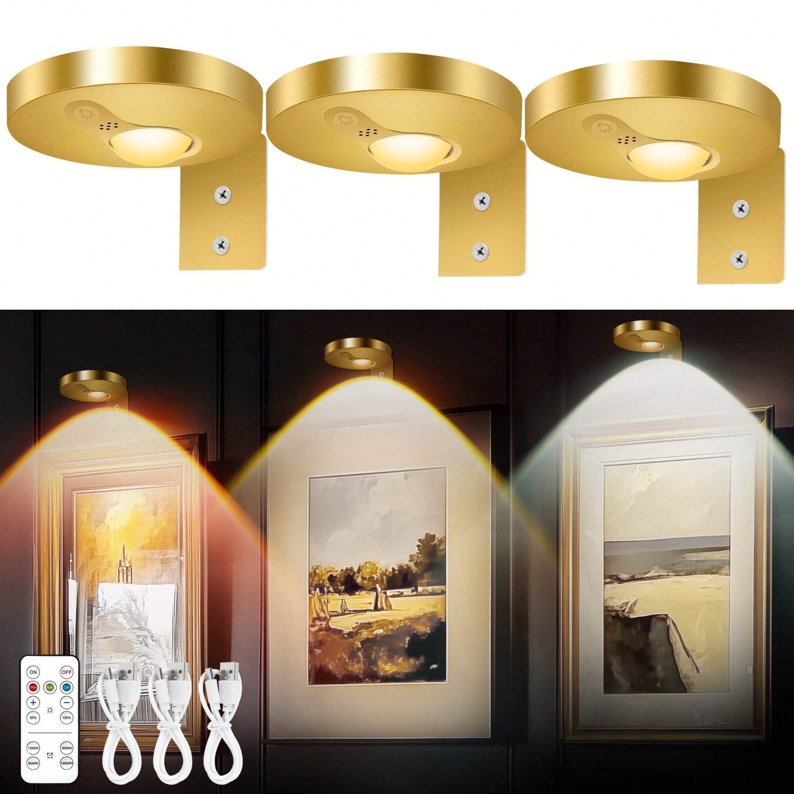 3 Pack Rechargeable Picture Lights 1200mAh Remote Dimmable Magnetic Gold gallery