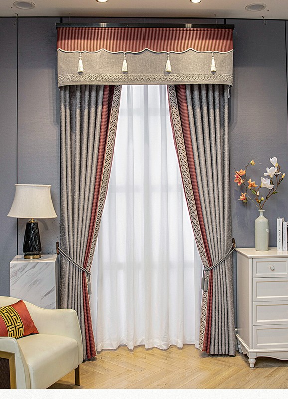 Custom luxury high precision grey red cloth blackout curtain tulle drape C1119 gallery